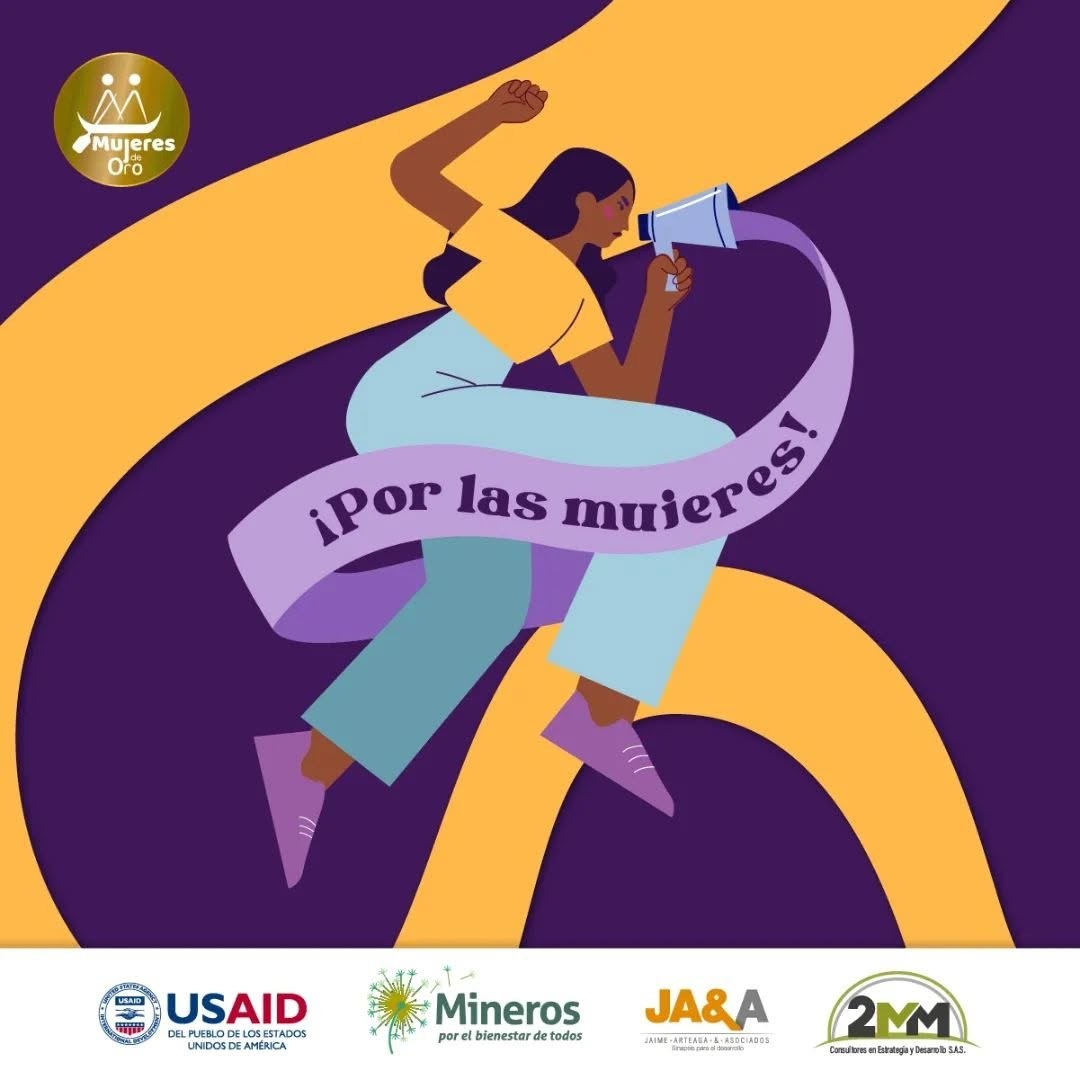 Pieza «¡Por las mujeres!»: ilustración de una mujer con un megáfono y un puño en alto, envuelta en una cinta lila, sobre fondo morado con formas amarillas.