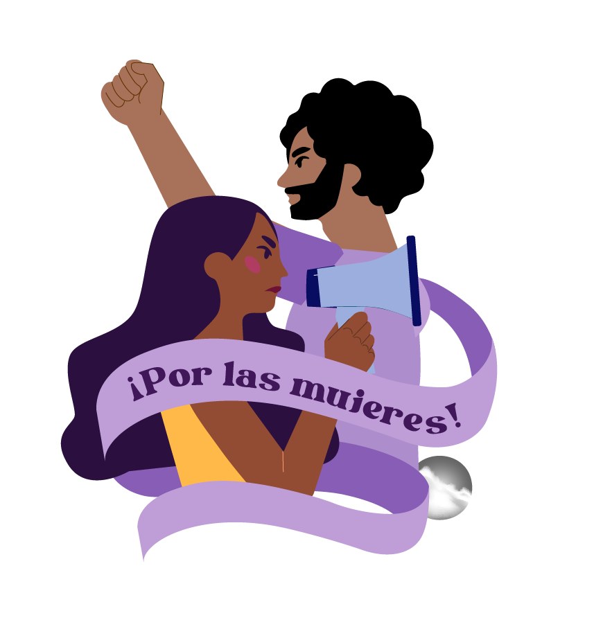 Ilustración «¡Por las mujeres!» con una mujer de cabello largo y un hombre con barba y cabello rizado que levanta el puño y sostiene un megáfono, unidos por una cinta lila.