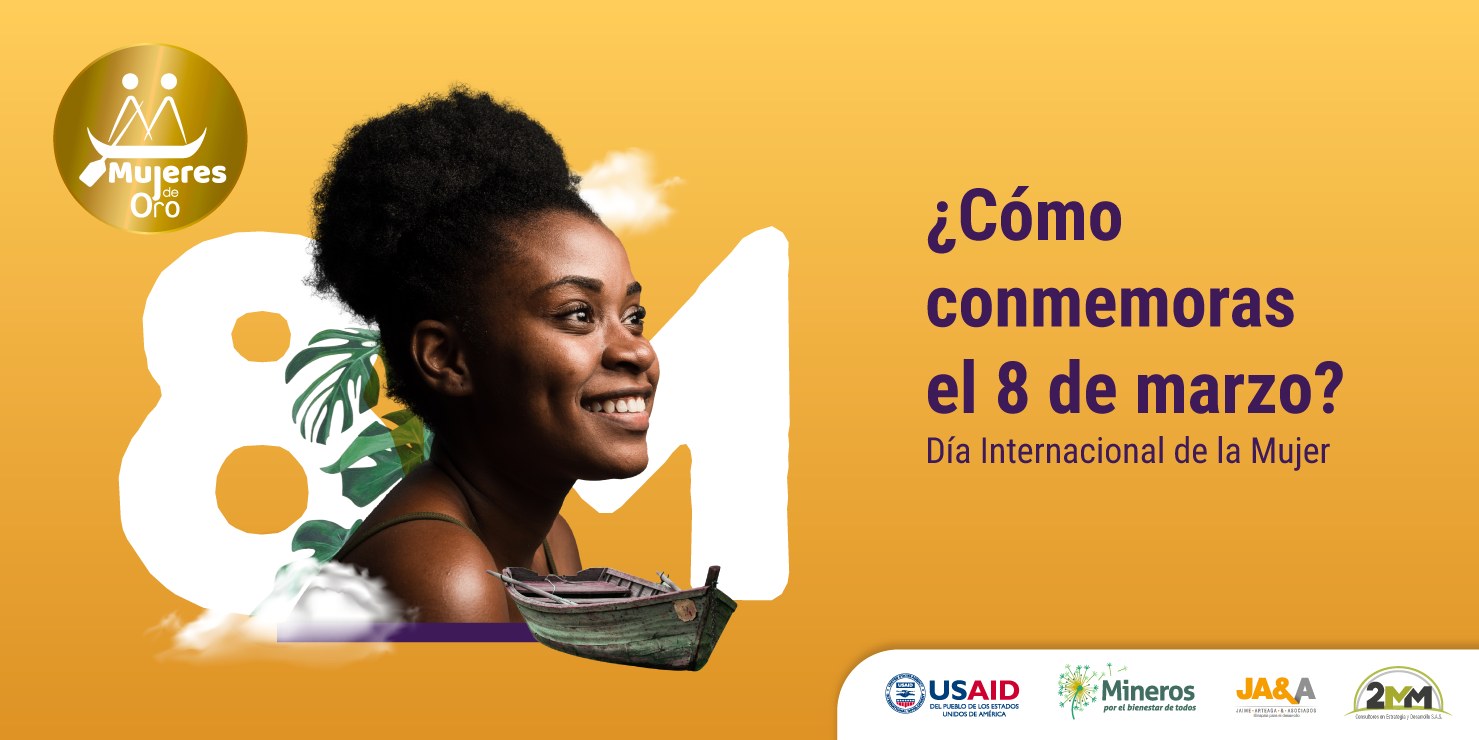 Pieza «¿Cómo conmemoras el 8 de marzo?»: retrato sonriente de una mujer junto a un número 8 grande y un bote, sobre fondo amarillo.