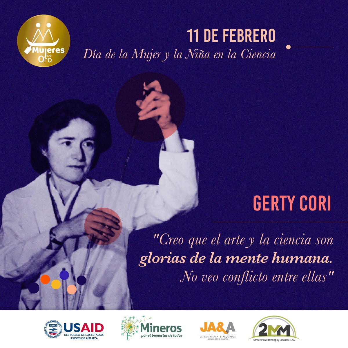 Pieza del Día de la Mujer y la Niña en la Ciencia: Gerty Cori sostiene un tubo de ensayo, con la frase «Creo que el arte y la ciencia son glorias de la mente humana», sobre fondo azul oscuro.