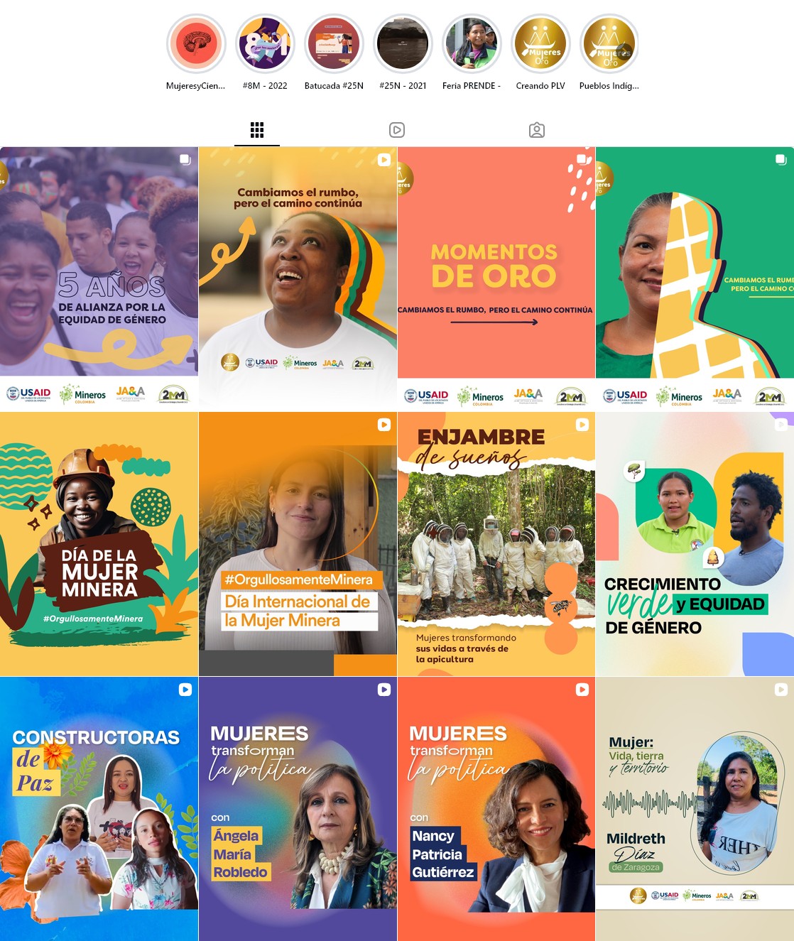 Perfil de Instagram de Mujeres de Oro (@mujeres_deoro): historias destacadas y una cuadrícula de publicaciones con las piezas, fotografías y videos de las campañas del proyecto. Abre el perfil en una pestaña nueva.