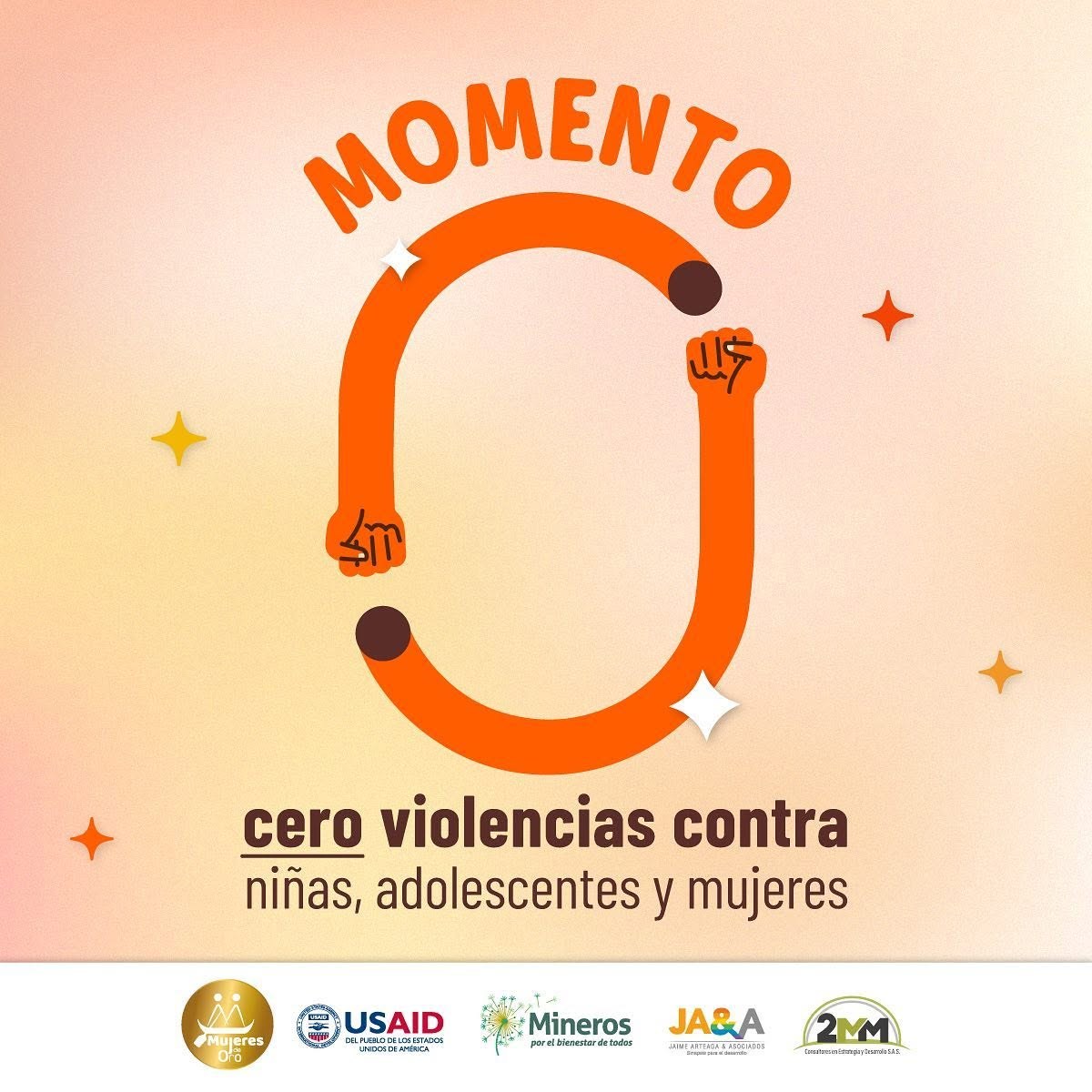 Pieza «Momento Cero»: un cero naranja formado por dos brazos con los puños en alto, sobre un fondo degradado de durazno a amarillo, con el texto «cero violencias contra niñas, adolescentes y mujeres».