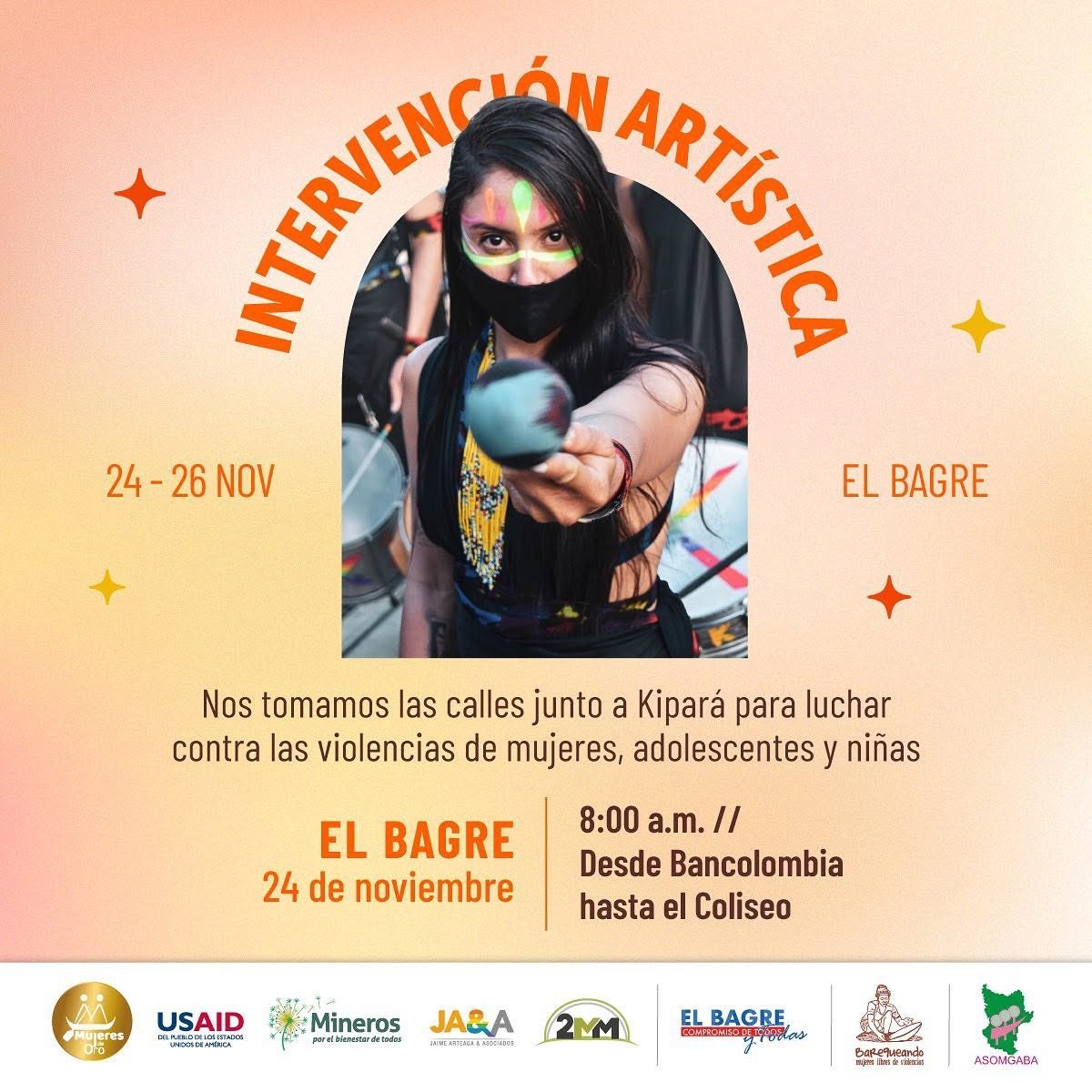 Pieza «Intervención artística»: una mujer con pintura fluorescente en el rostro extiende hacia la cámara un instrumento de percusión; incluye fechas, lugar, horario y los logos de los aliados.