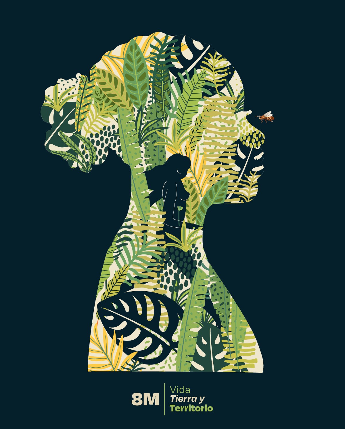 Ilustración 8M «Vida, Tierra y Territorio»: silueta de mujer de perfil rellena de hojas y plantas verdes y amarillas, con una abeja cerca del rostro, sobre fondo azul oscuro.