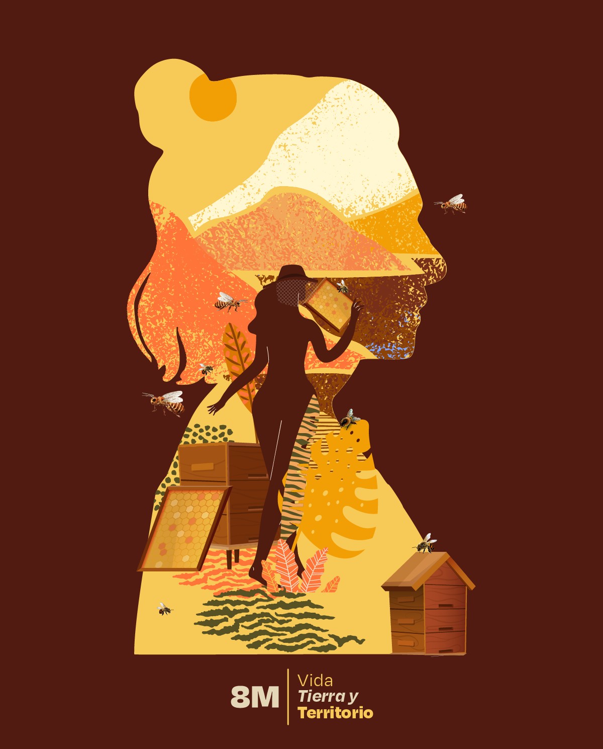 Ilustración 8M «Vida, Tierra y Territorio»: silueta de mujer con un paisaje de montañas en tonos naranja y amarillo, una apicultora con un panal entre colmenas y abejas, sobre fondo marrón rojizo.