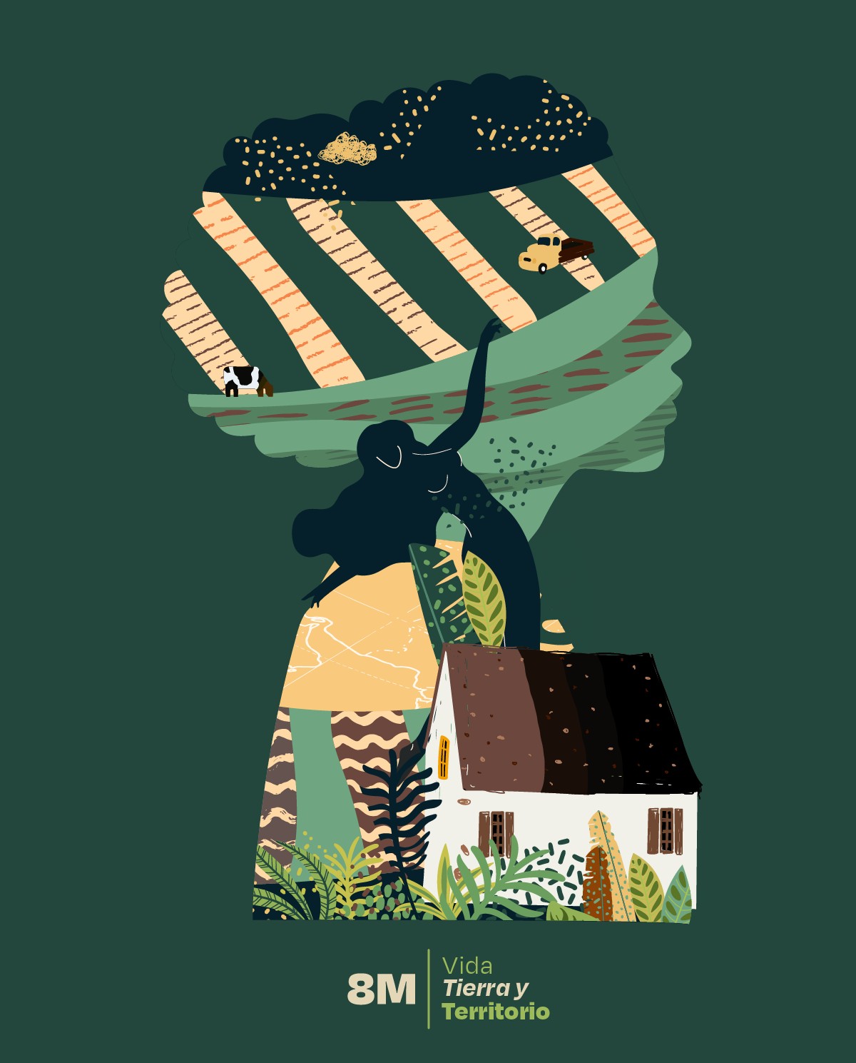 Ilustración 8M «Vida, Tierra y Territorio»: silueta de mujer con campos de cultivo, una vaca, una camioneta y una casa de campo, y una figura con un brazo en alto, sobre fondo verde oscuro.
