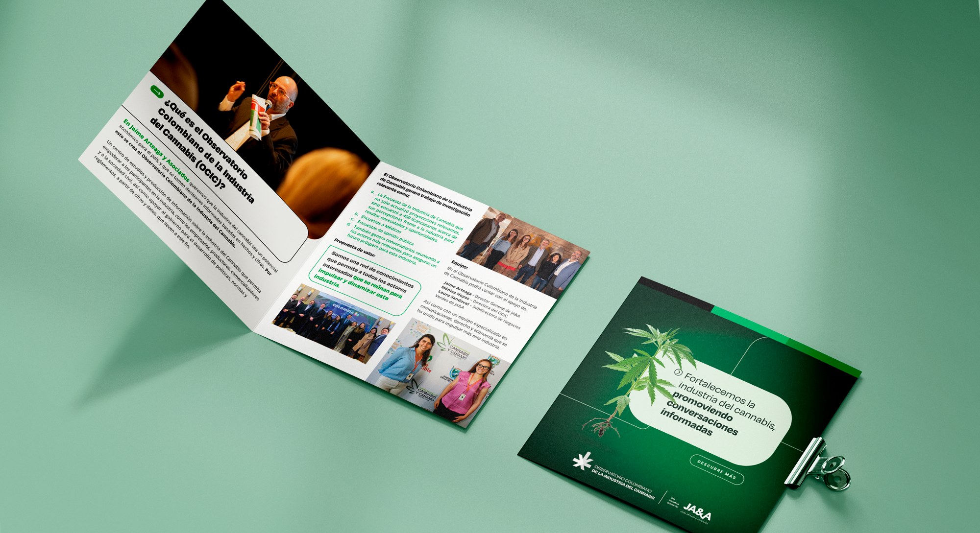 Folleto institucional del observatorio abierto sobre un fondo verde, junto a una portada cuadrada con una planta de cannabis y el lema «Fortalecemos la industria del cannabis, promoviendo conversaciones informadas».