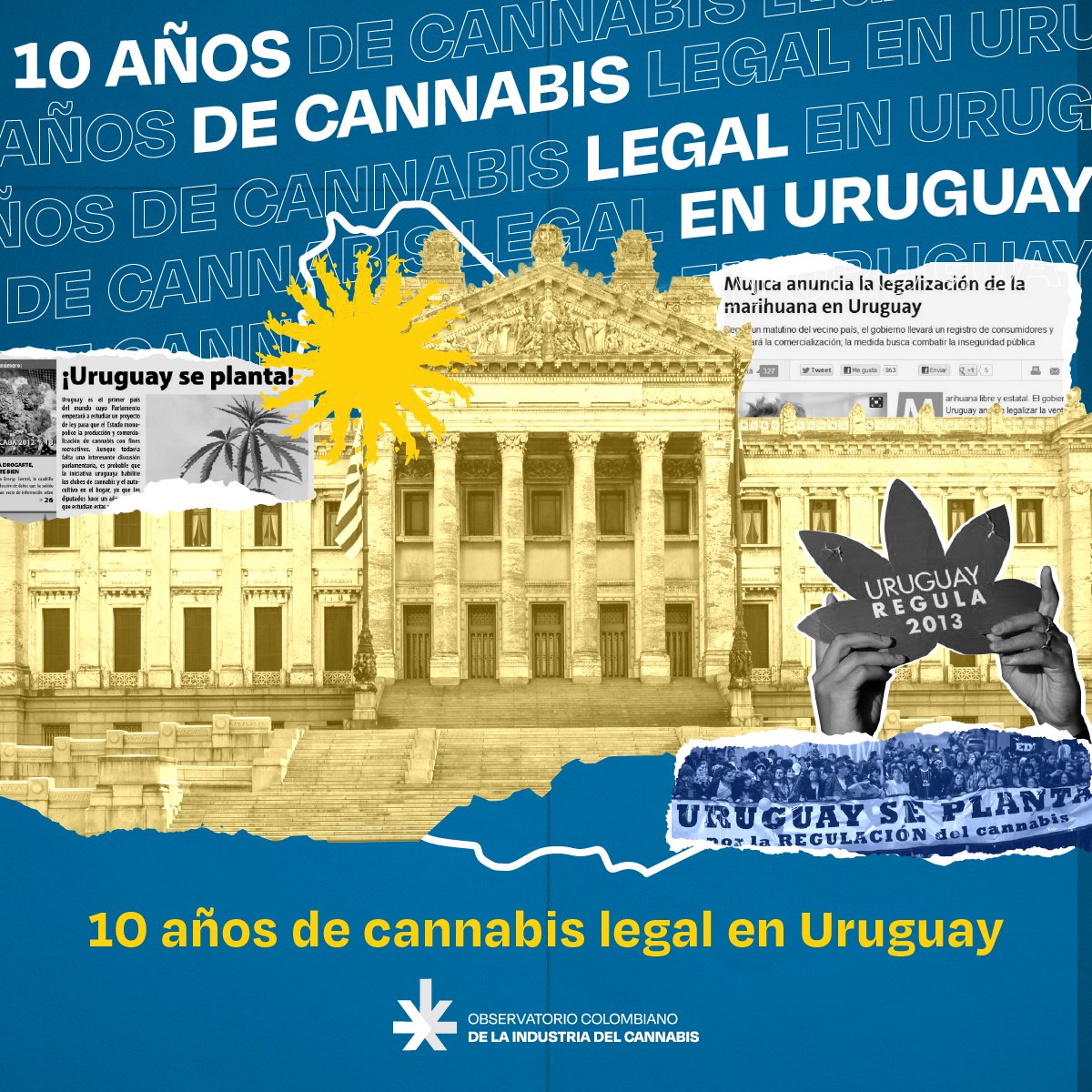 Pieza «10 años de cannabis legal en Uruguay», con el Palacio Legislativo, recortes de prensa y una pancarta de 2013, en azul y amarillo.