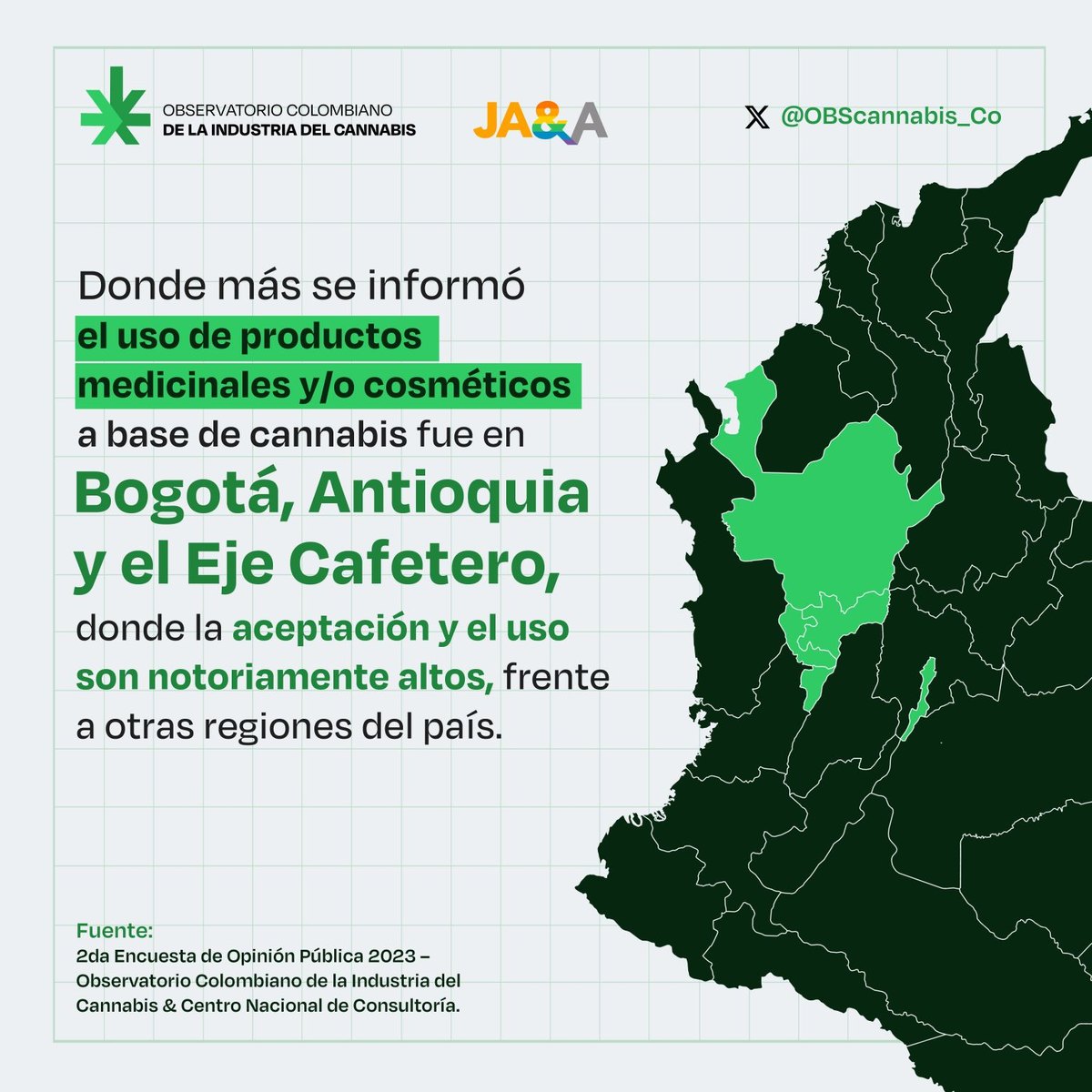 Pieza con un mapa de Colombia: el uso de productos medicinales o cosméticos a base de cannabis se informó más en Bogotá, Antioquia y el Eje Cafetero.