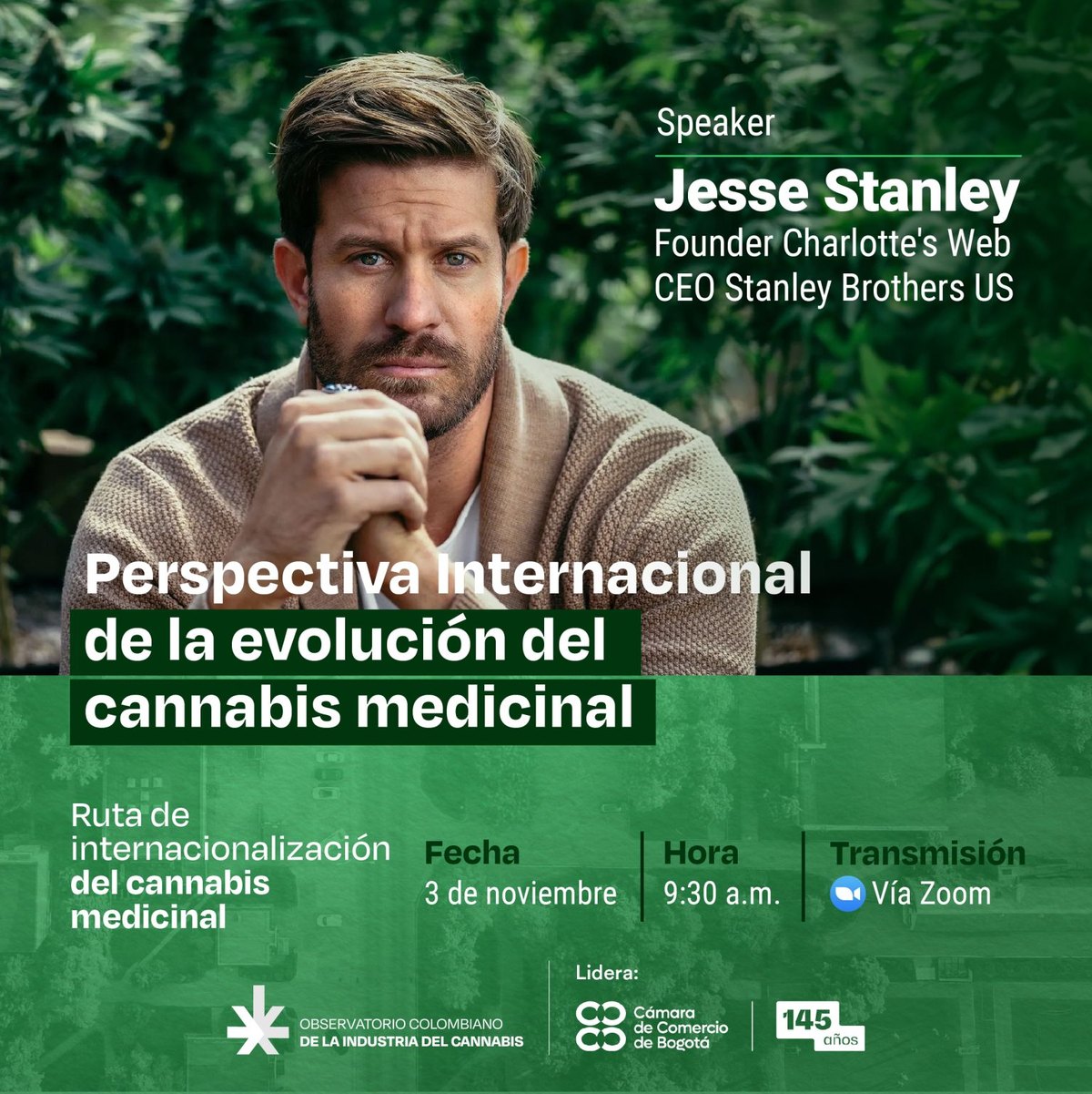 Pieza de evento: charla «Perspectiva internacional de la evolución del cannabis medicinal» con el speaker Jesse Stanley, el 3 de noviembre a las 9:30 a. m. vía Zoom.