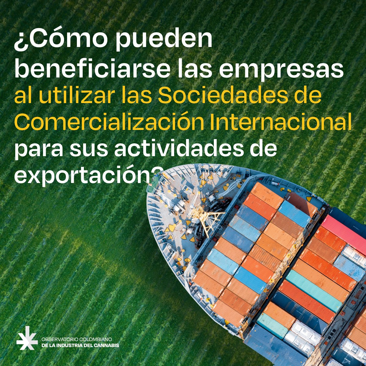 Pieza «¿Cómo pueden beneficiarse las empresas al utilizar las Sociedades de Comercialización Internacional para sus actividades de exportación?», sobre una vista aérea de un barco de contenedores y un campo verde.