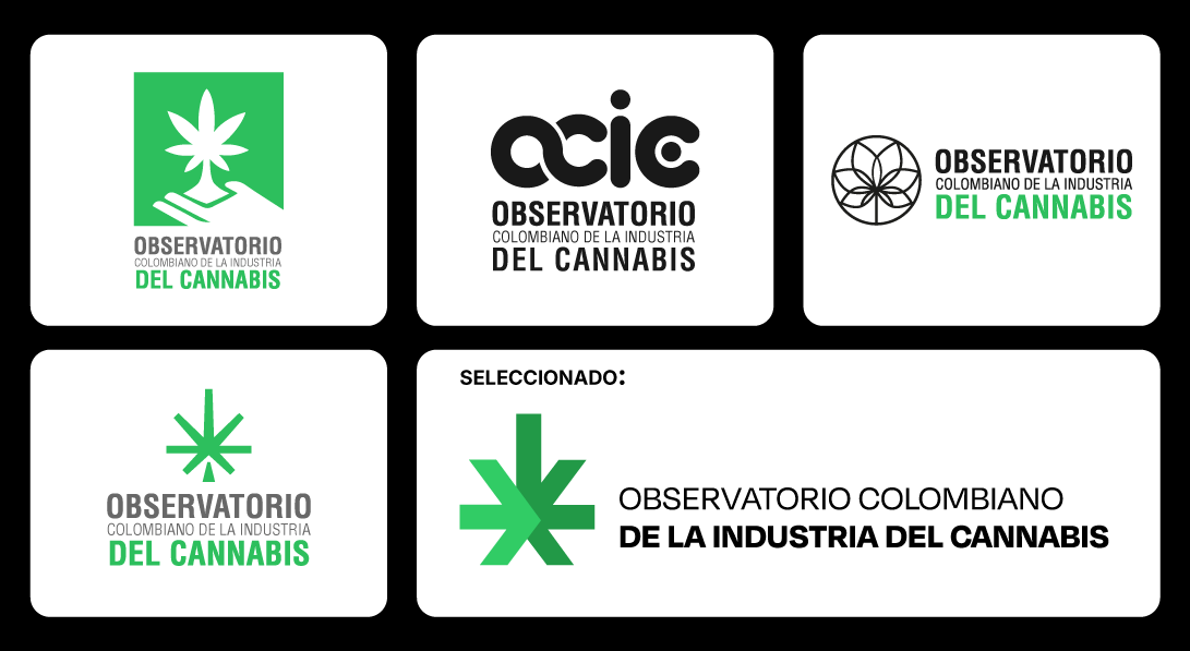 Cinco propuestas de logotipo del OCIC; la seleccionada es un símbolo geométrico verde junto al nombre Observatorio Colombiano de la Industria del Cannabis.