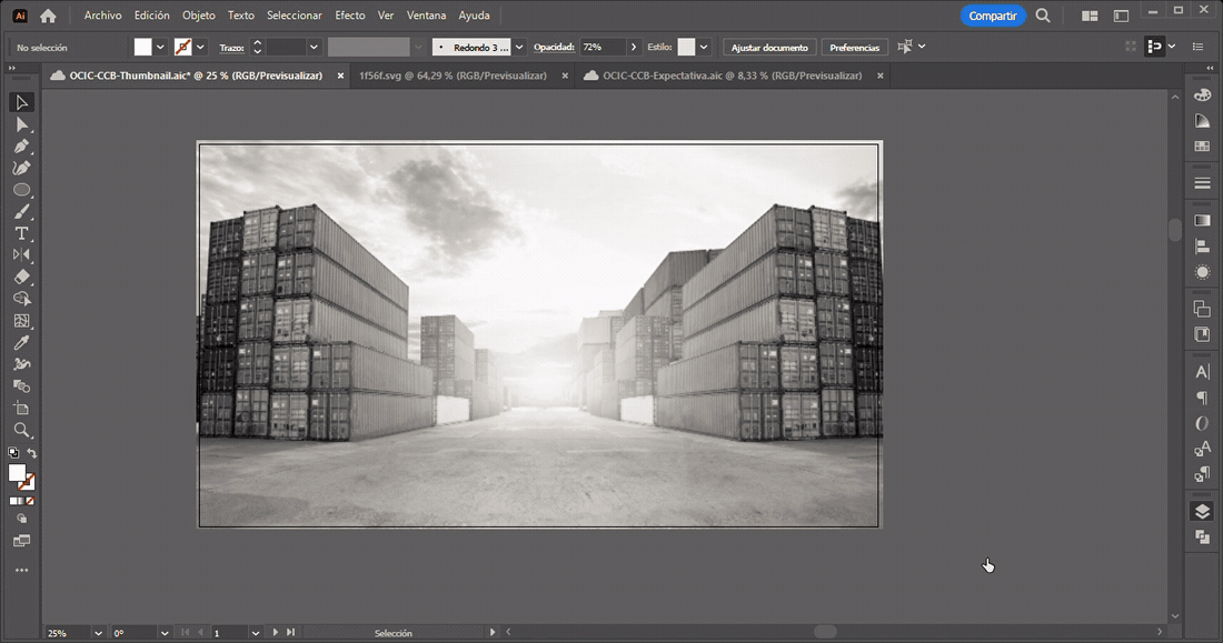 Animación de la pantalla de Adobe Illustrator mientras se arma la portada, con el fondo de contenedores apilados en blanco y negro.