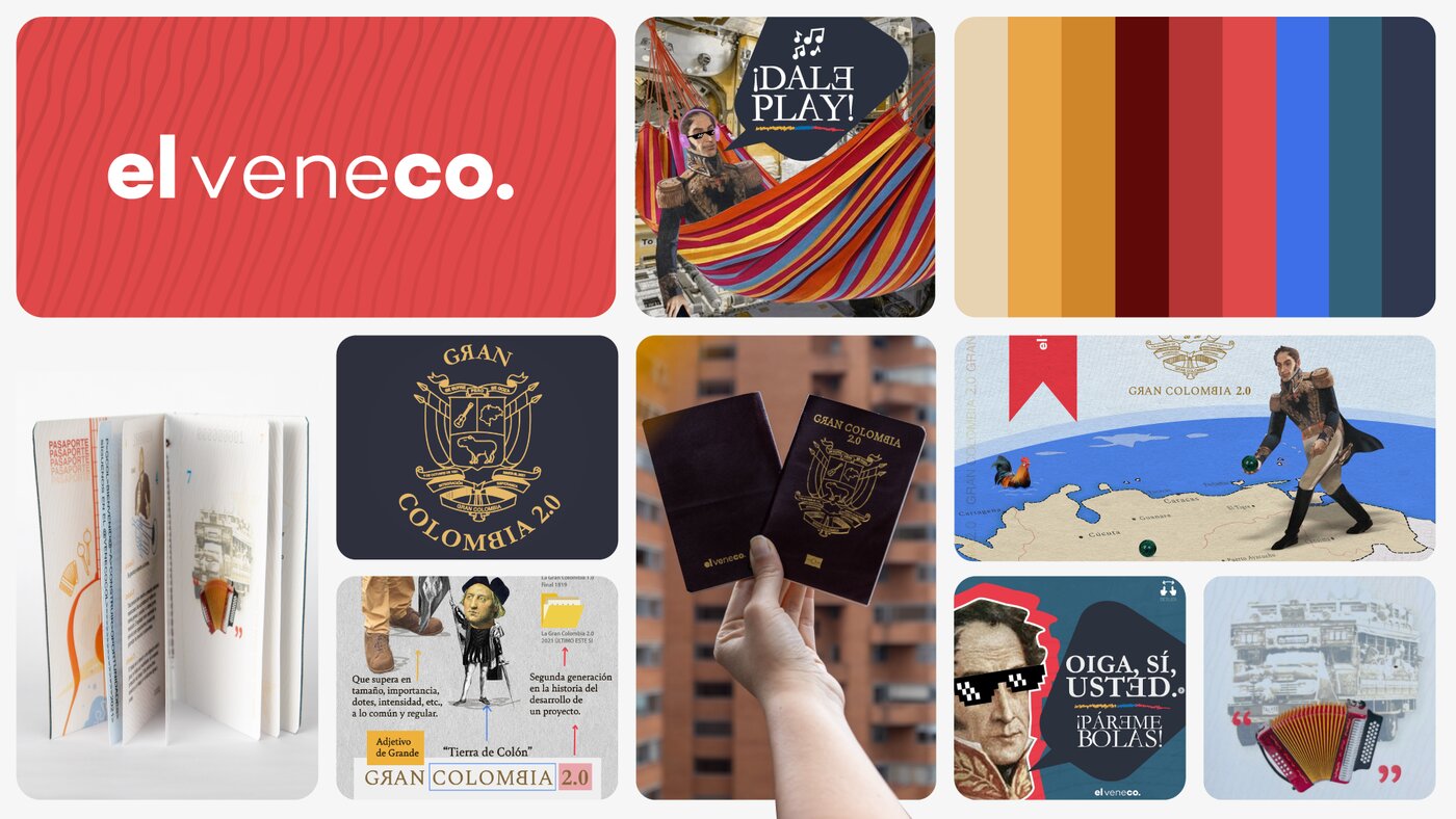 Moodboard de identidad visual de El Veneco: logotipo, paleta y mockups del pasaporte Gran Colombia 2.0